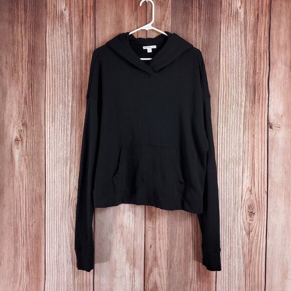 James Perse Womens Size 3 Large Relaxed Crop Hoodie Black Cotton - Picture 1 of 11